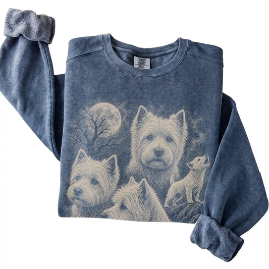 Denim Comfort Colors sweatshirt featuring a Westie 1990s moon design
