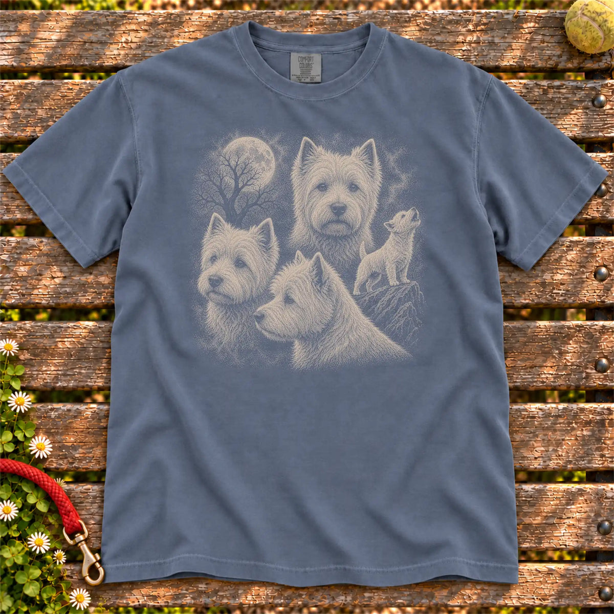Westie 90s Moon design on a Denim T-shirt shown flat