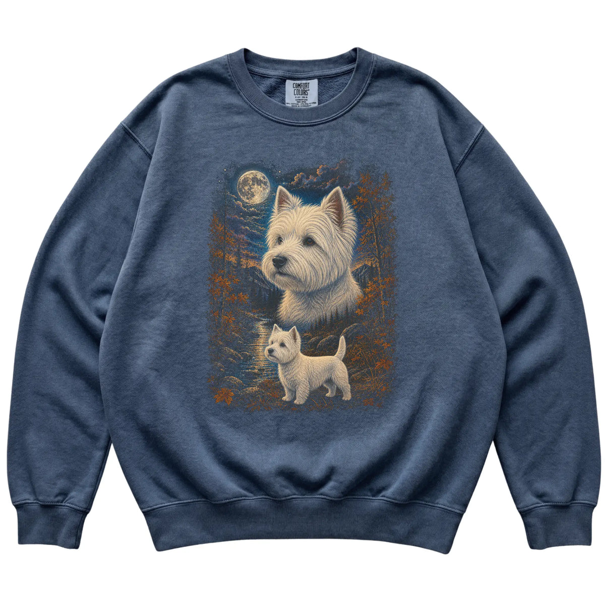 denim sweatshirt with Westie Autumn Moon artwork.