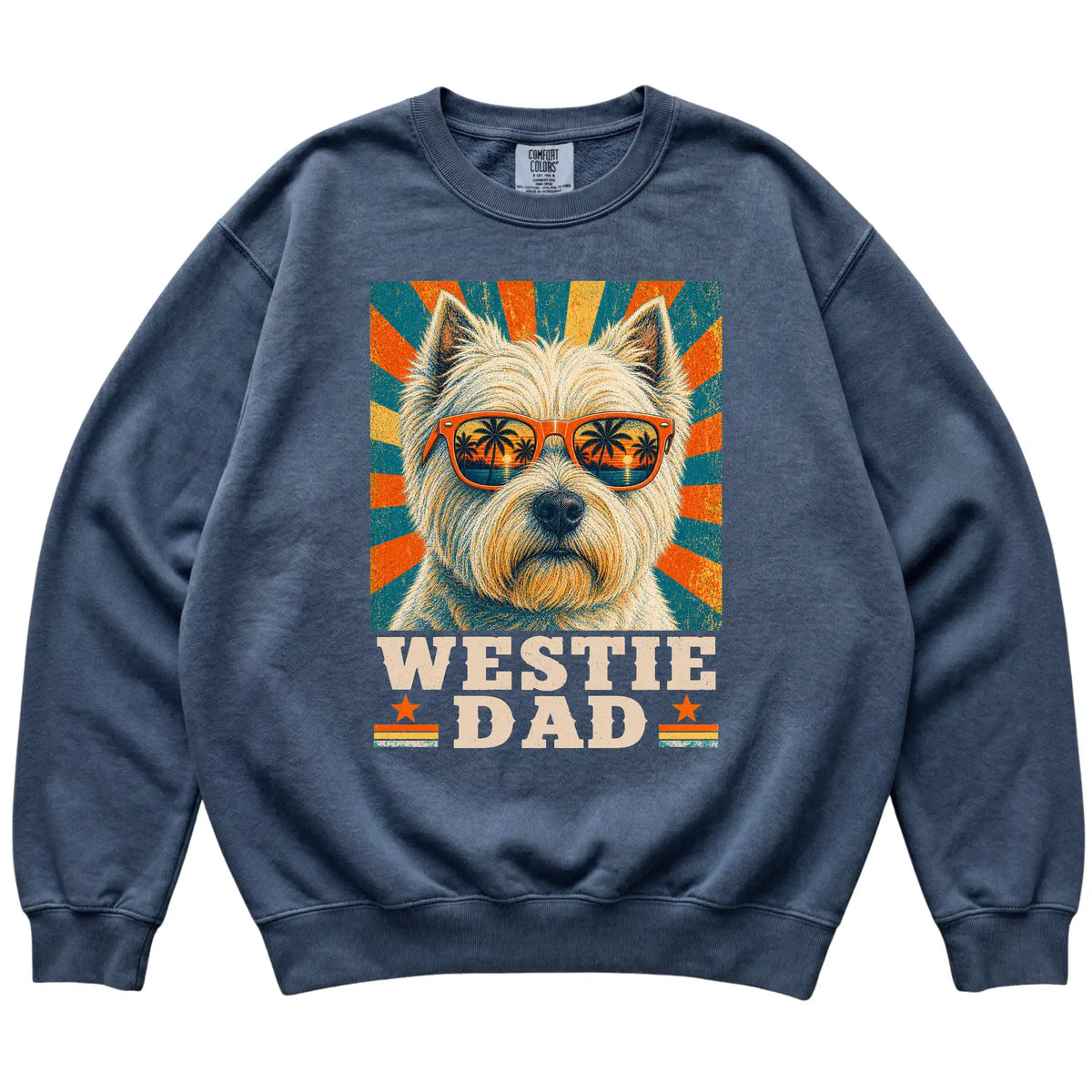 Retro Westie Dad design on a Denim Comfort Colors sweatshirt