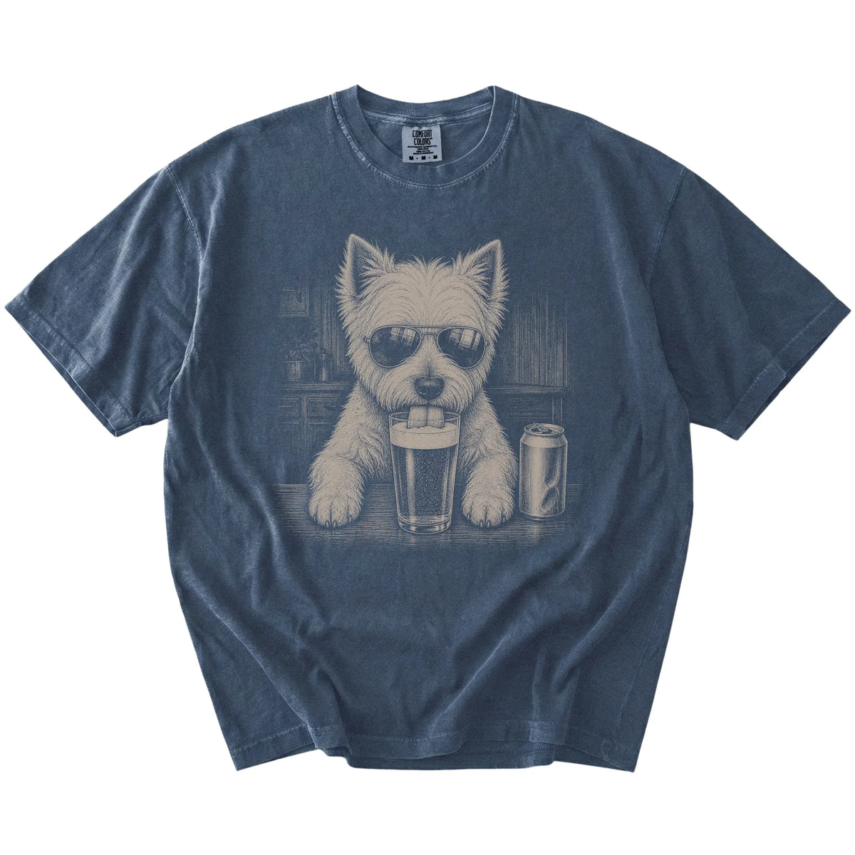 Westie sneaking a drink from a foamy pint at home on a Denim Comfort Colors® t-shirt