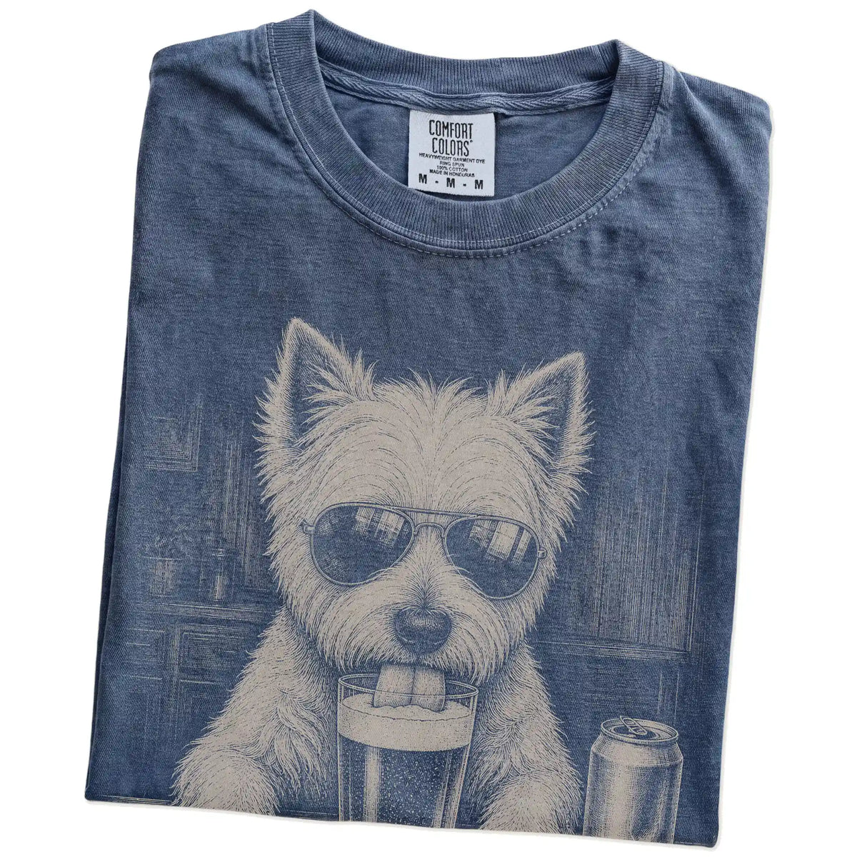 Folded Denim Comfort Colors® t-shirt showing Westie sneaking a drink from a pint