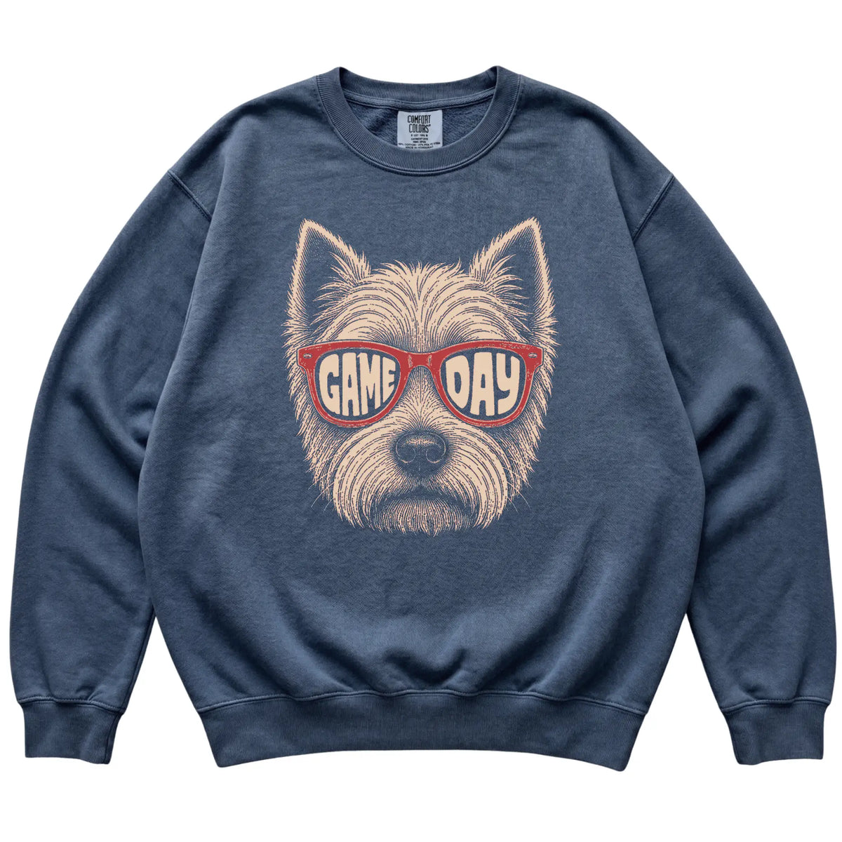 Westie Game Day design on a Denim sweatshirt, flat lay