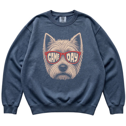 Westie Game Day design on a Denim sweatshirt, flat lay