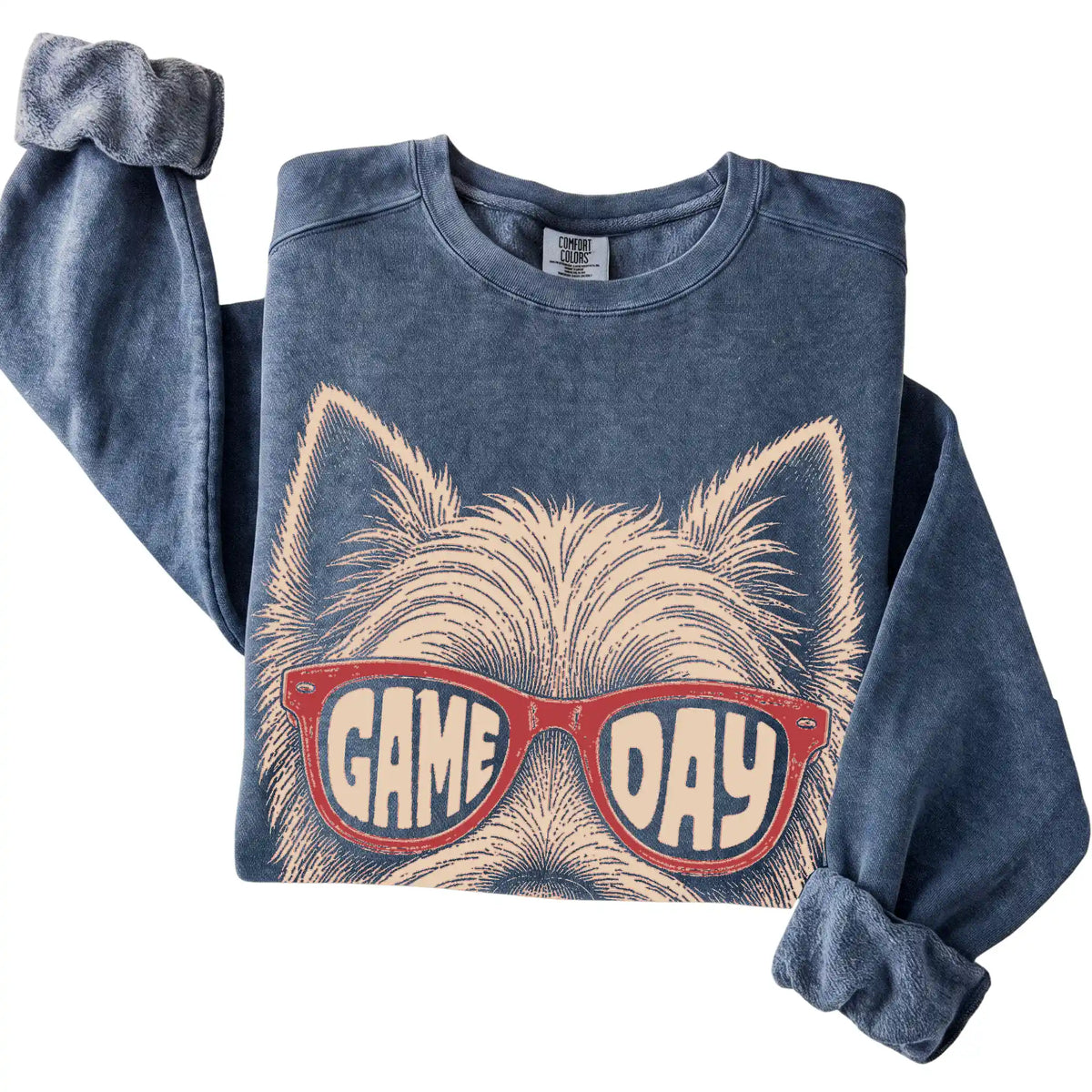 Westie Game Day design on a Denim sweatshirt, folded view