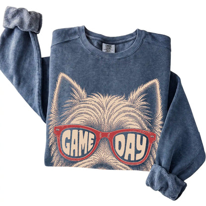 Westie Game Day design on a Denim sweatshirt, folded view