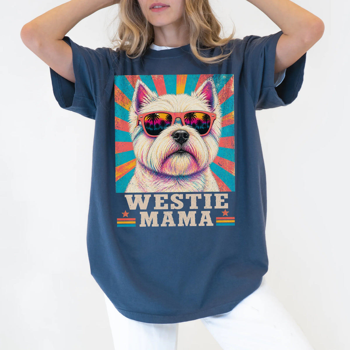 Retro Westie Mama design on a Denim Comfort Colors T-shirt worn by a model
