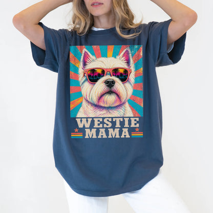 Retro Westie Mama design on a Denim Comfort Colors T-shirt worn by a model