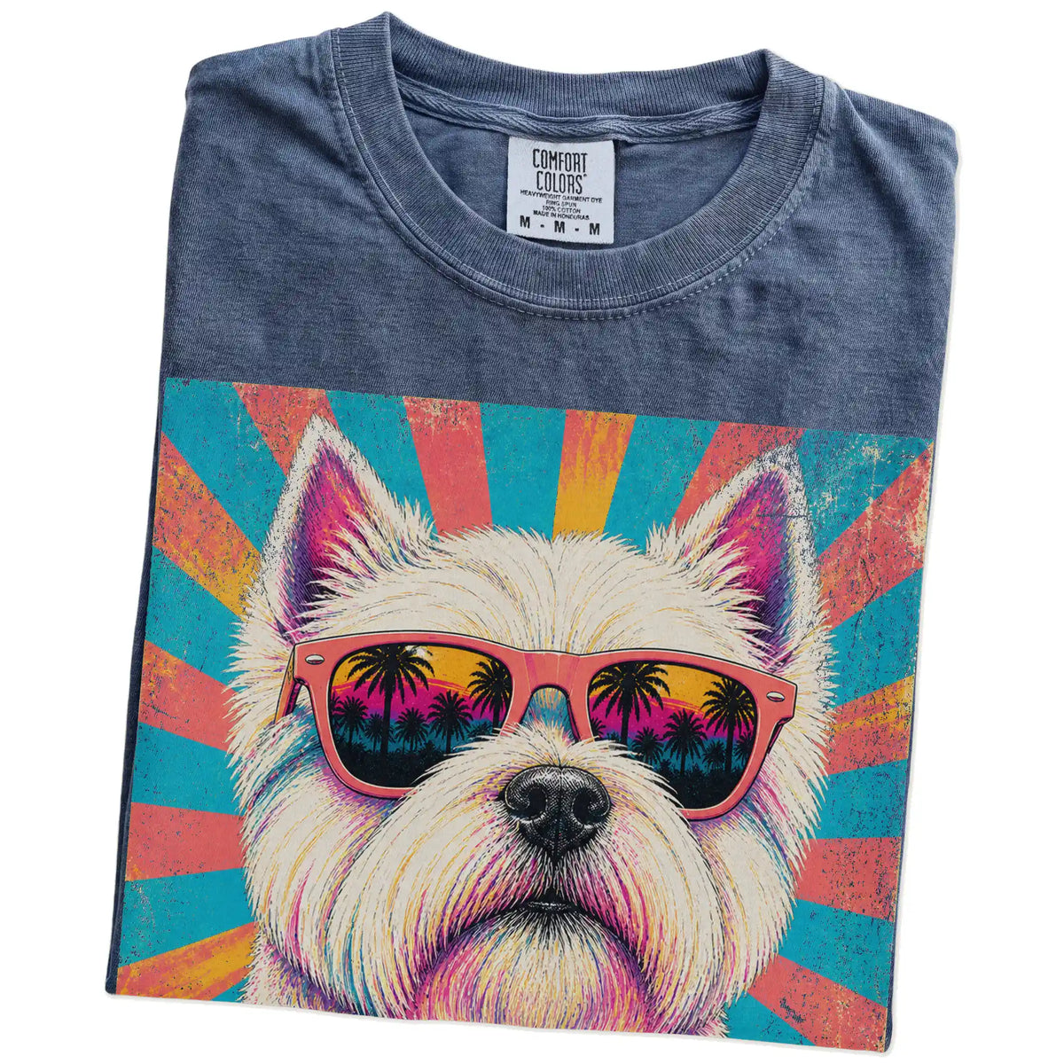 Retro Westie Mama design on a Denim Comfort Colors T-shirt folded detail