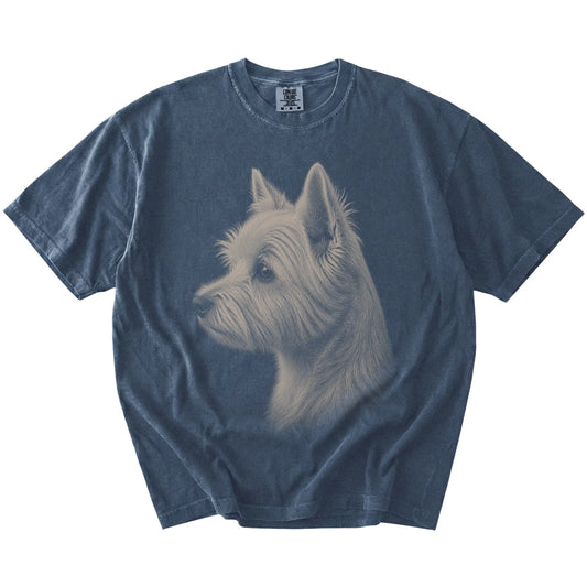 A detailed photographic portrait of a Westie on a Denim Comfort Colors® T-shirt