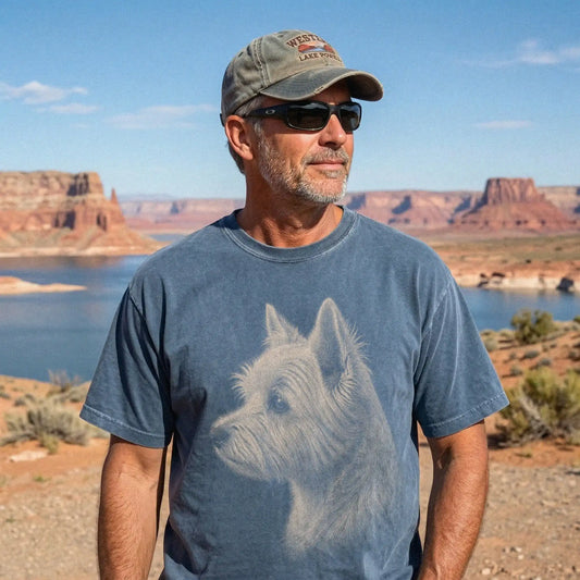 Model wearing a Denim Comfort Colors® T-shirt with a detailed photographic portrait of a Westie