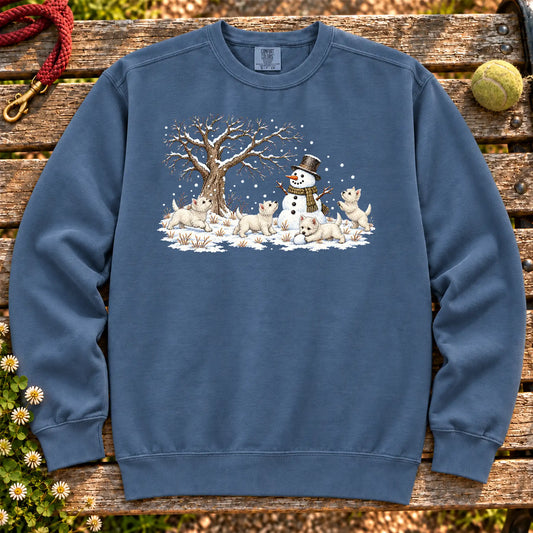 Westie puppies playing in snow with a snowman on a Denim sweatshirt