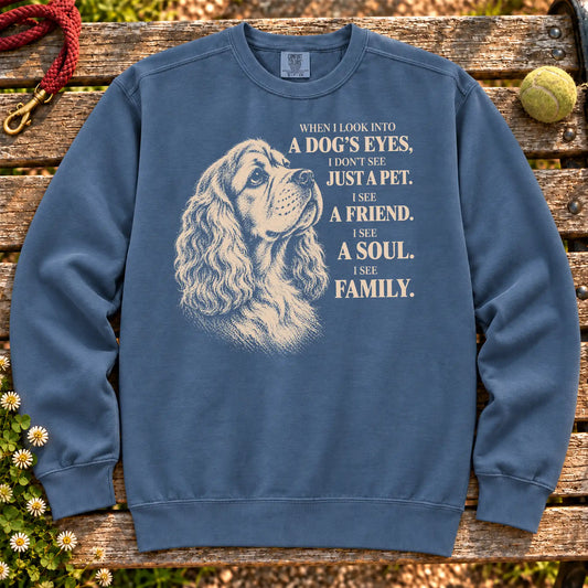 Denim Comfort Colors® sweatshirt featuring the Cocker Spaniel More Than a Pet design.