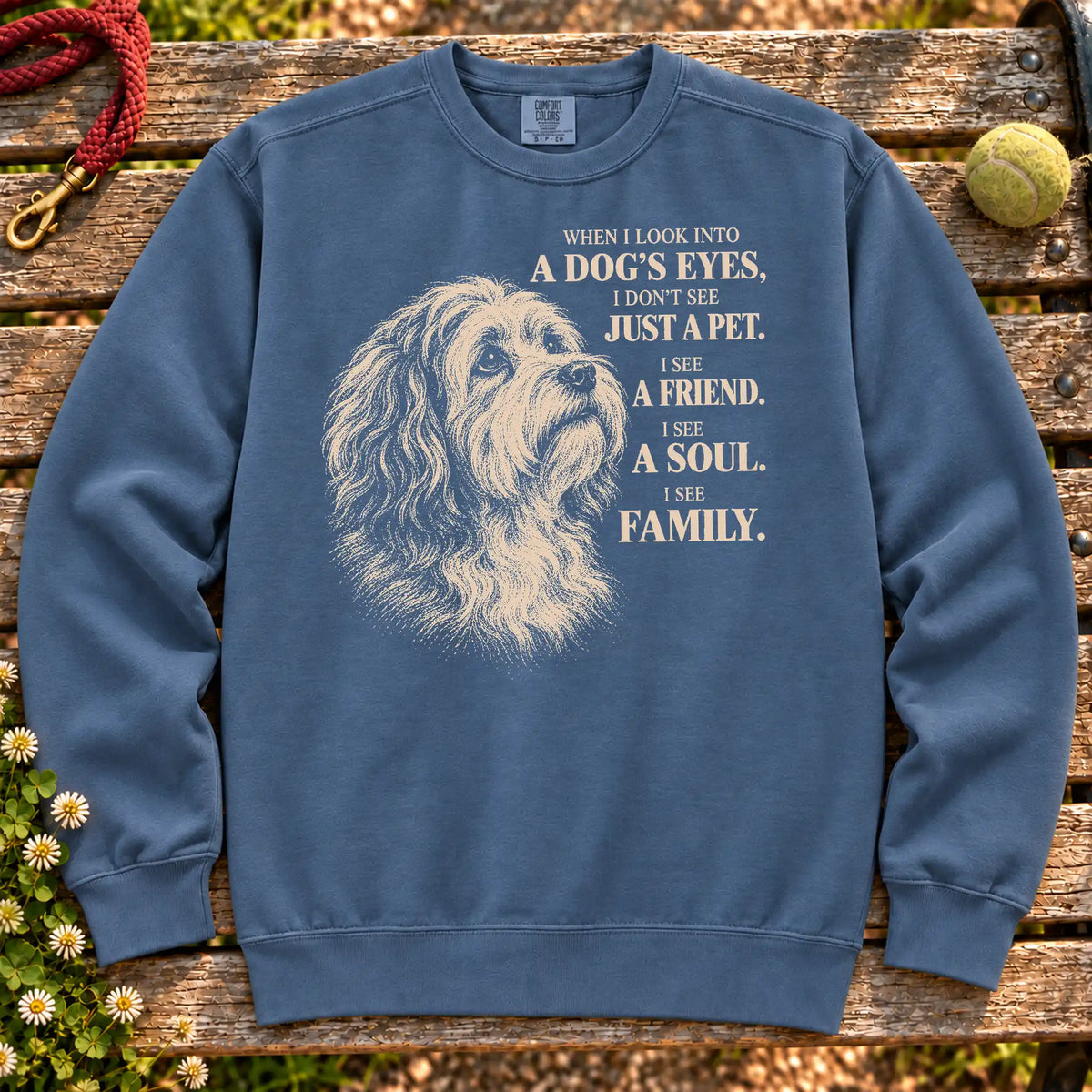 Denim Comfort Colors® sweatshirt featuring the Havanese More Than a Pet design.