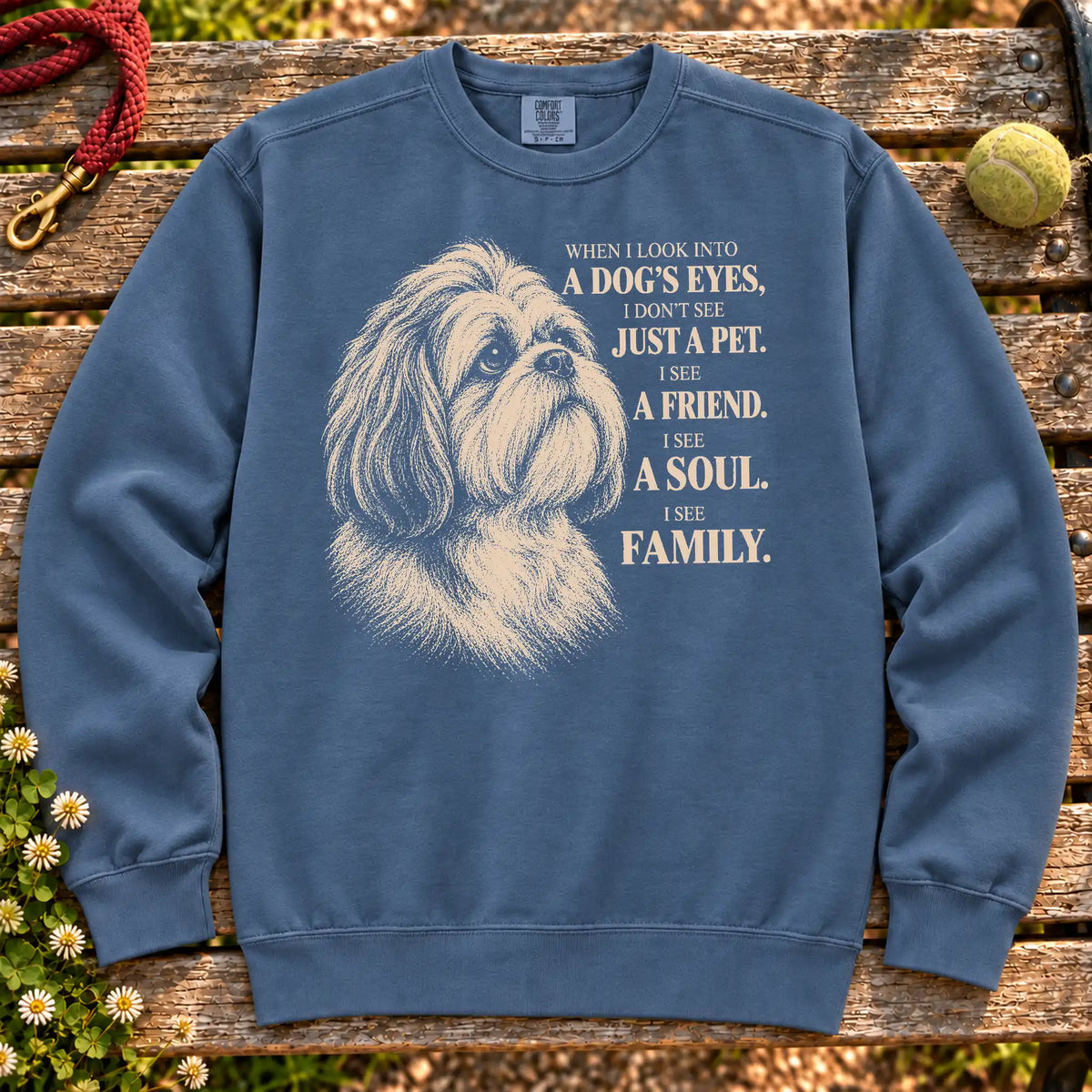 Denim Comfort Colors® sweatshirt featuring the Shih Tzu More Than a Pet design.