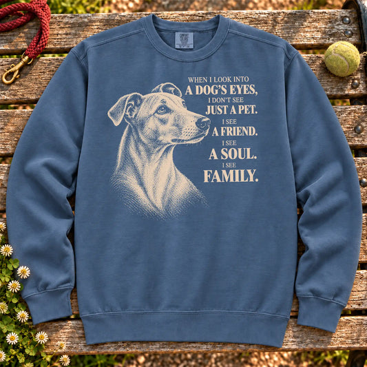 Denim Comfort Colors® sweatshirt featuring the Whippet More Than a Pet design.
