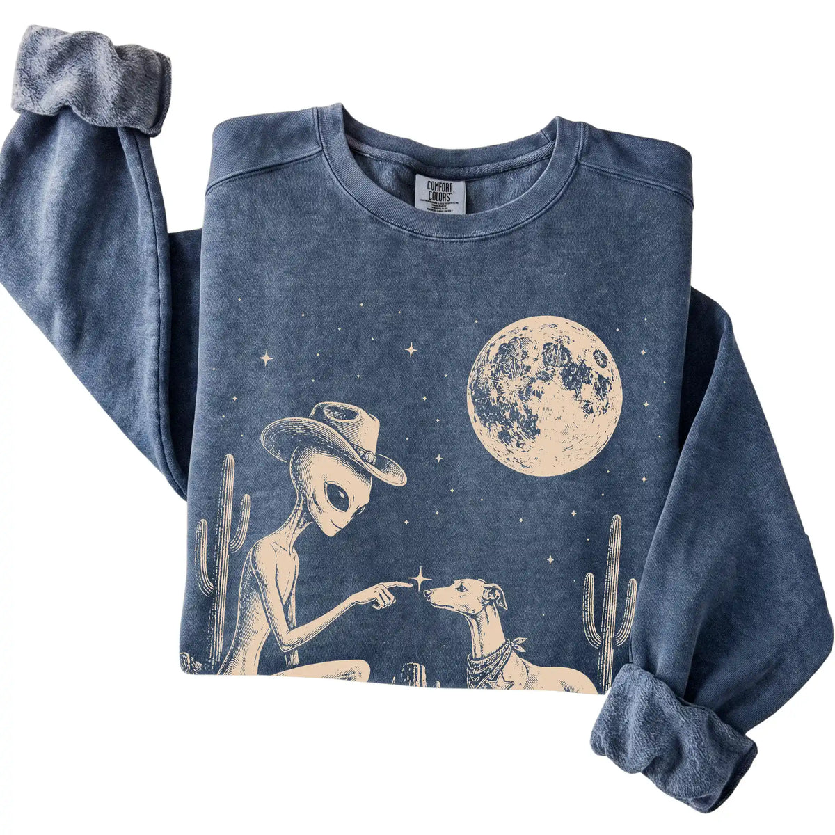 Denim Comfort Colors® sweatshirt featuring Whippet Cowboy and Alien, folded presentation