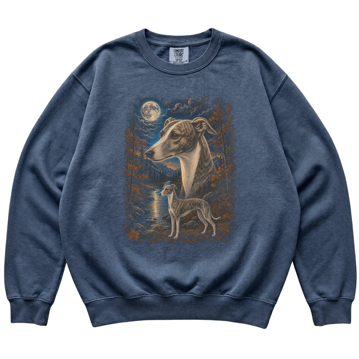 denim sweatshirt with Whippet Autumn Moon artwork.