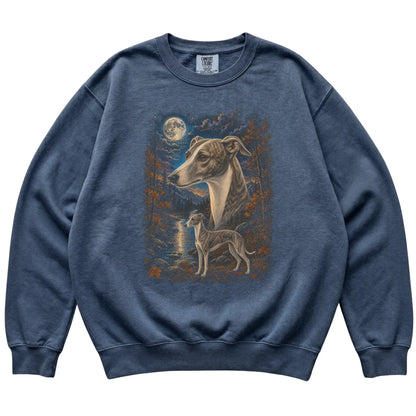 denim sweatshirt with Whippet Autumn Moon artwork.