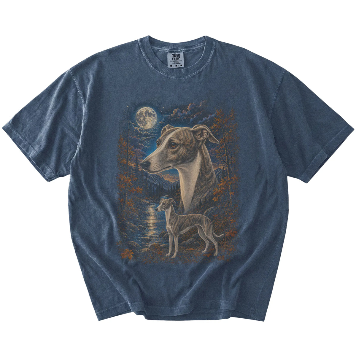 denim T-shirt with Whippet Autumn Moon artwork.