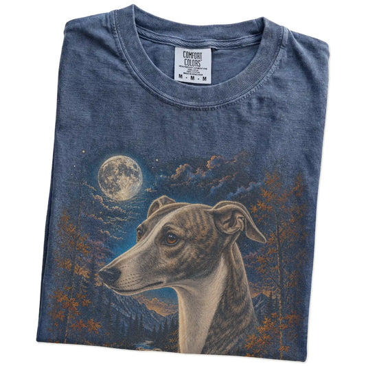Folded denim T-shirt with Whippet Autumn Moon artwork.