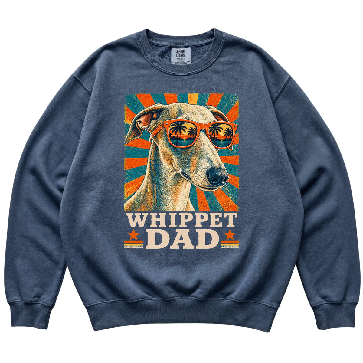 Retro Whippet Dad design on a Denim Comfort Colors sweatshirt