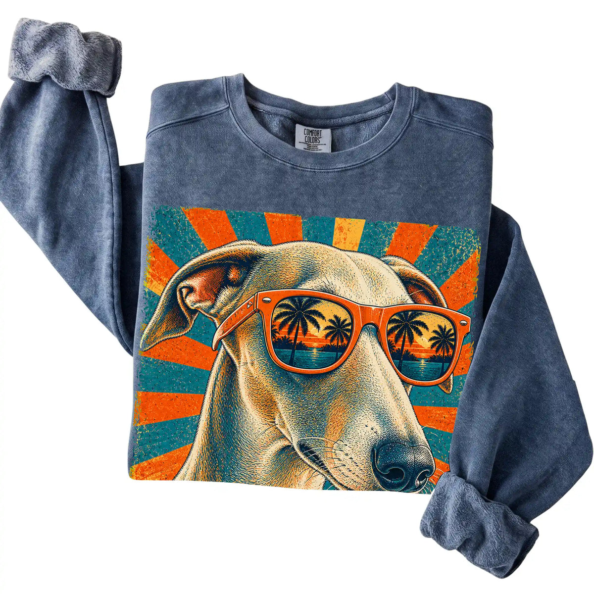 Folded Denim Comfort Colors sweatshirt with a Retro Whippet Dad design