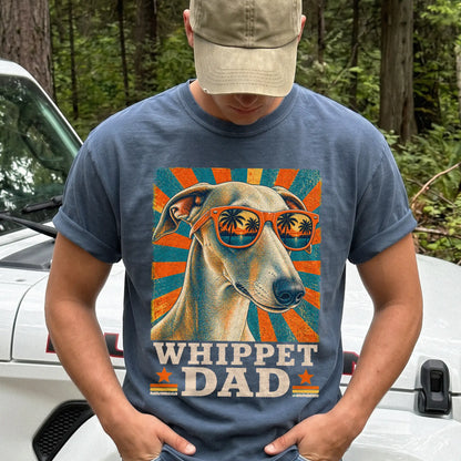 Retro Whippet Dad design on a Denim Comfort Colors T-shirt worn by a model