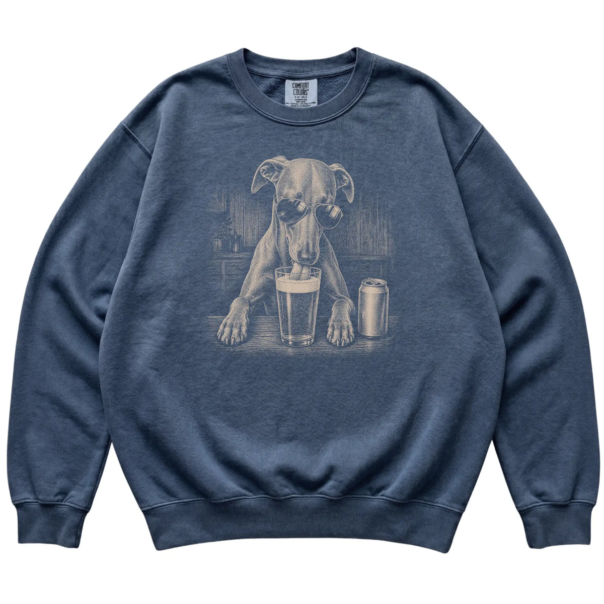 Denim Whippet drinking from a pint at a bar, laid flat