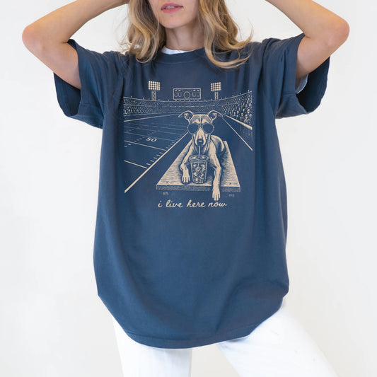 Model wearing a Denim Comfort Colors® T-shirt featuring Whippet ready for football and tailgate season