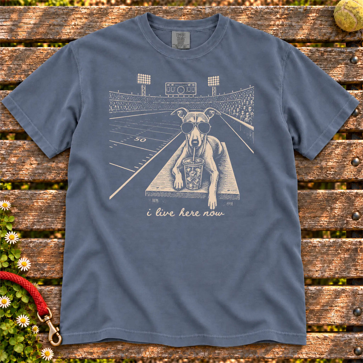 Whippet Iced Coffee Football design on a Denim Comfort Colors T-shirt, shown flat