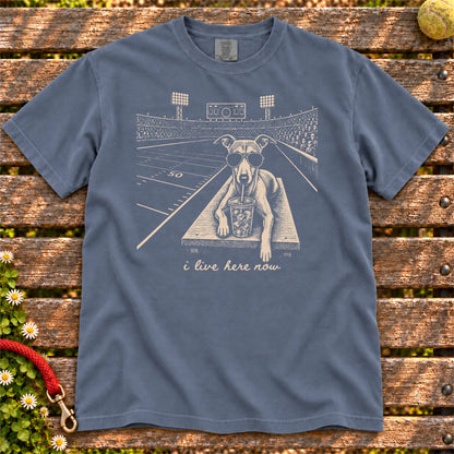 Whippet Iced Coffee Football design on a Denim Comfort Colors T-shirt, shown flat
