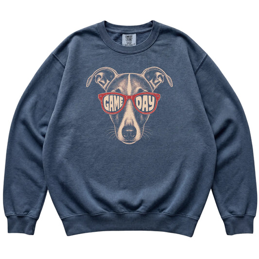 Whippet Game Day design on a Denim sweatshirt, flat lay