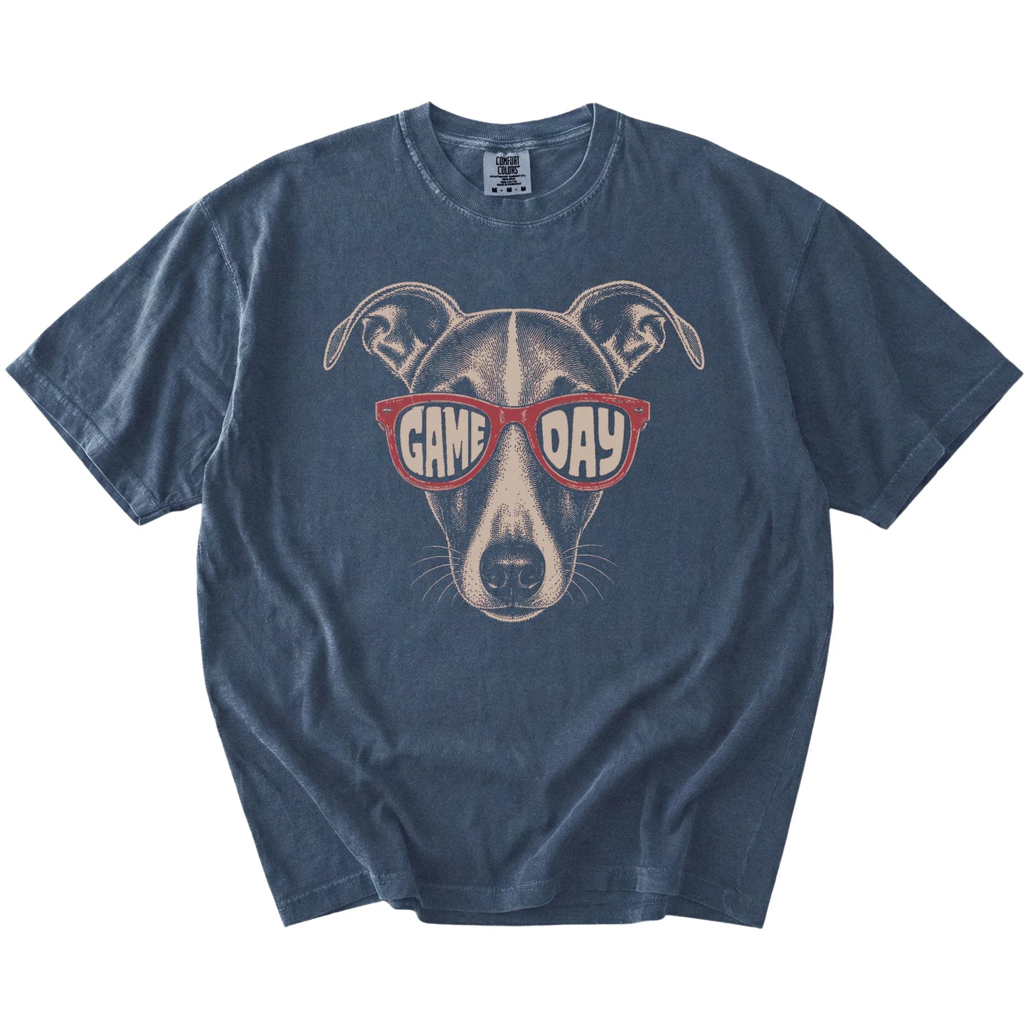 Whippet wearing red Game Day sunglasses on a Denim Comfort Colors® T-shirt