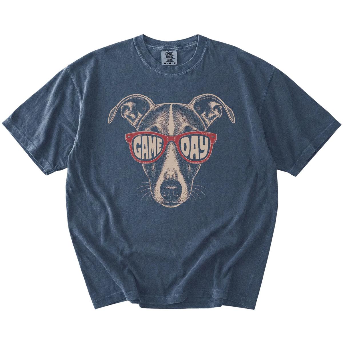 Whippet wearing red Game Day sunglasses on a Denim Comfort Colors® T-shirt