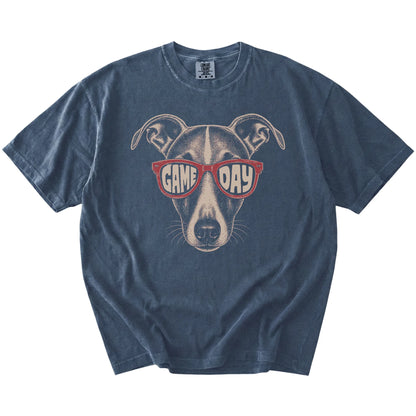Whippet wearing red Game Day sunglasses on a Denim Comfort Colors® T-shirt