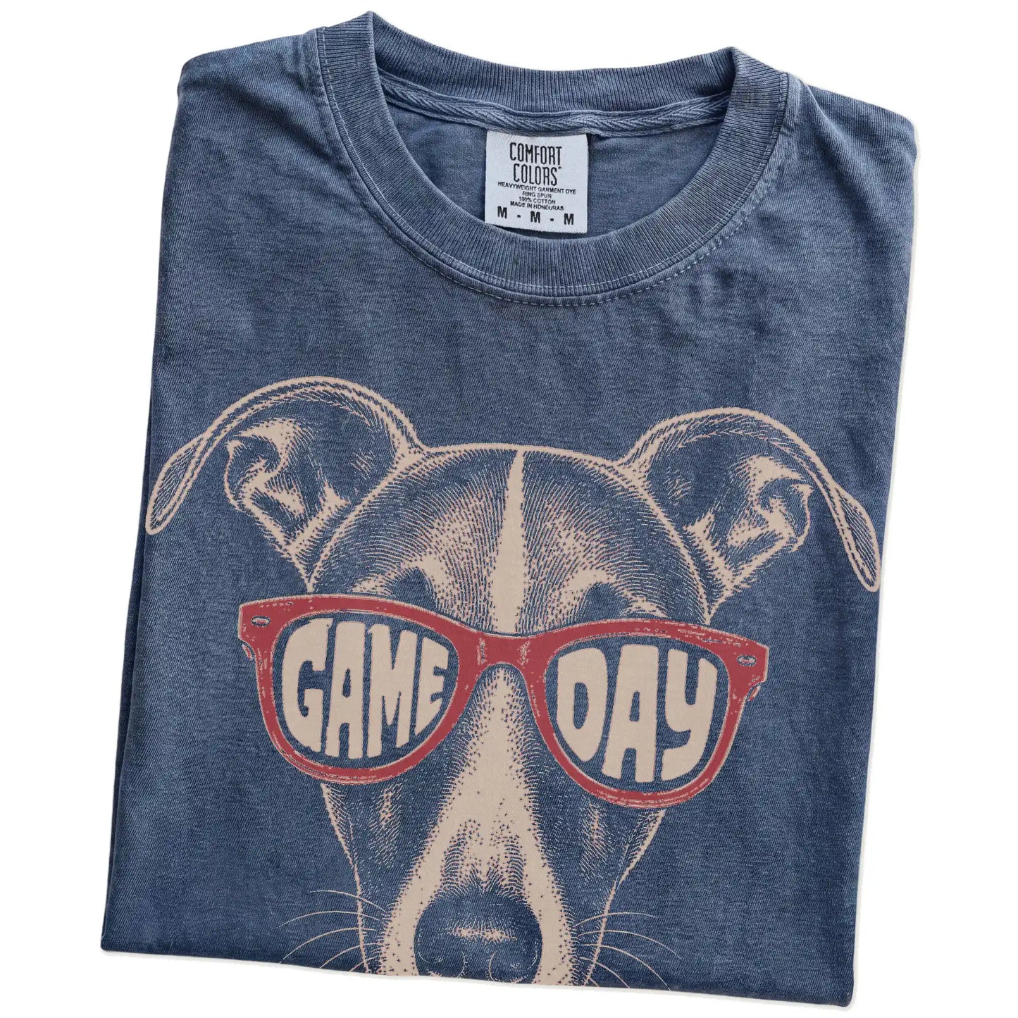 Folded Denim Comfort Colors® T-shirt showing whippet wearing red game day sunglasses