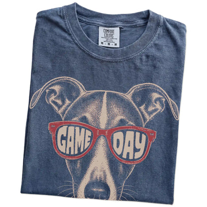 Folded Denim Comfort Colors® T-shirt showing whippet wearing red game day sunglasses