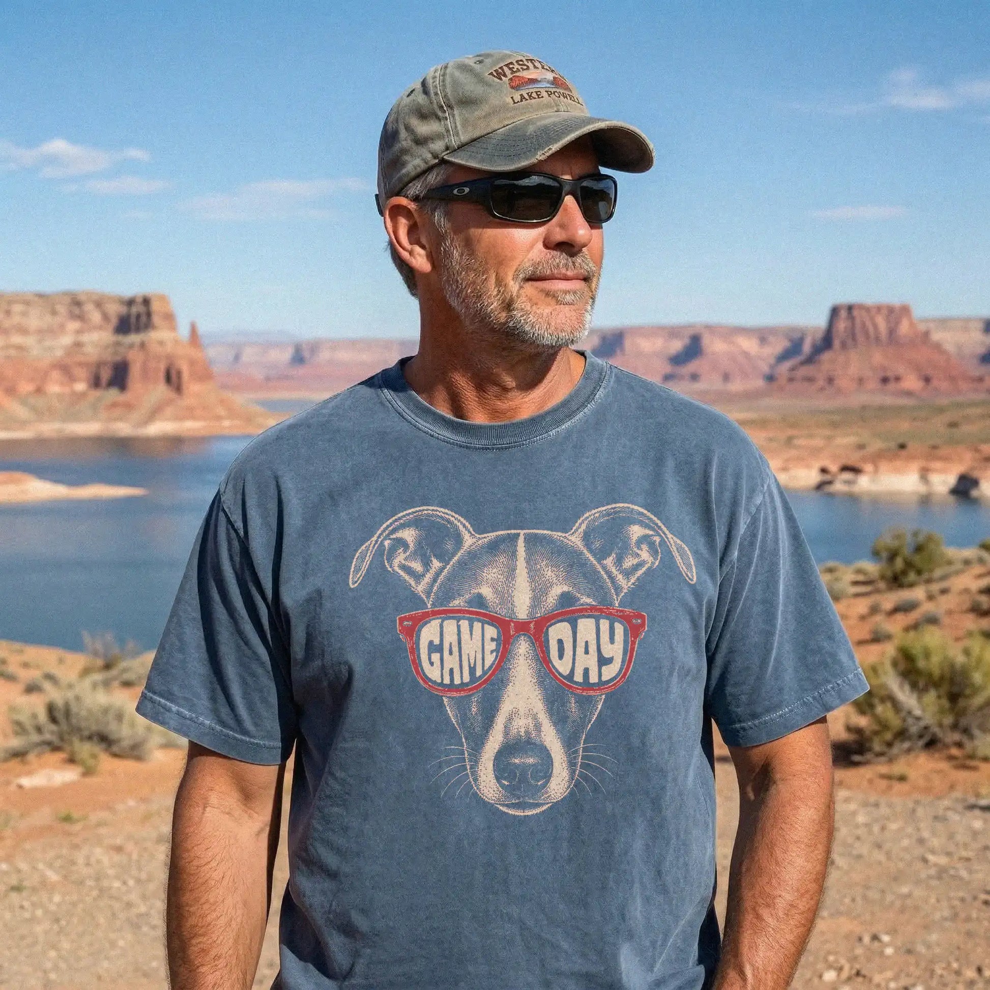 Model wearing a Denim Comfort Colors® T-shirt with whippet wearing red game day sunglasses
