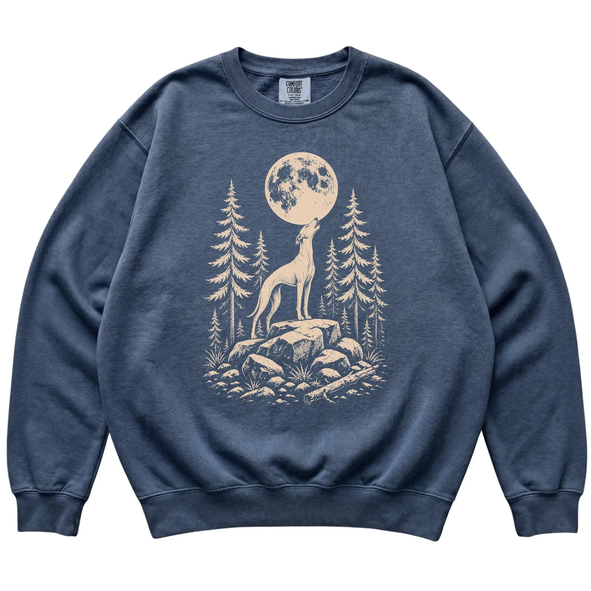 Close view of Whippet Howling at the Moon artwork on Denim Comfort Colors sweatshirt