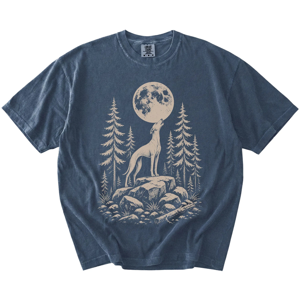 Whippet howling beneath the moon and pine trees on a Denim Comfort Colors® T-shirt