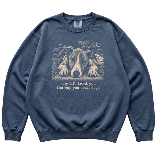 Whippet Karma Comfort Colors sweatshirt in Denim — Flat Lay