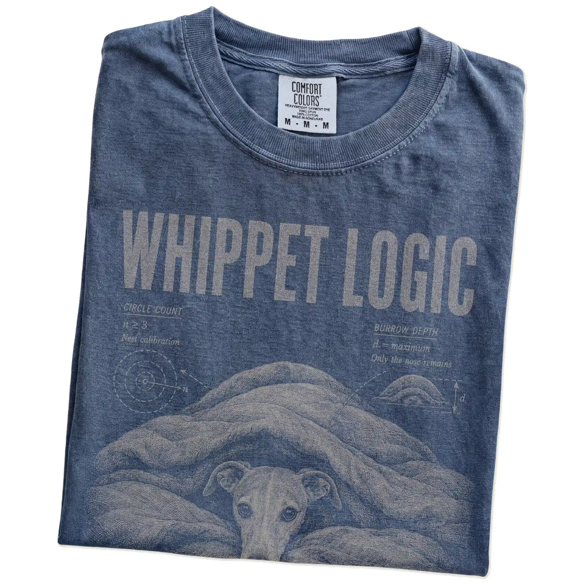 Folded Denim Whippet Logic T-Shirt showing the graphic