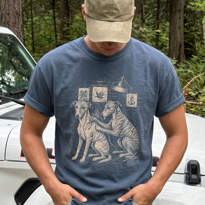 Person wearing a Denim Whippet Tattoo t-shirt