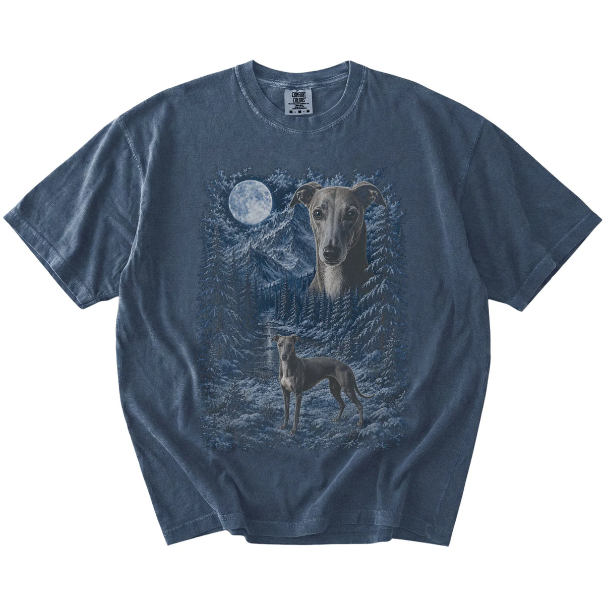 denim T-shirt with Whippet Winter Moon artwork.