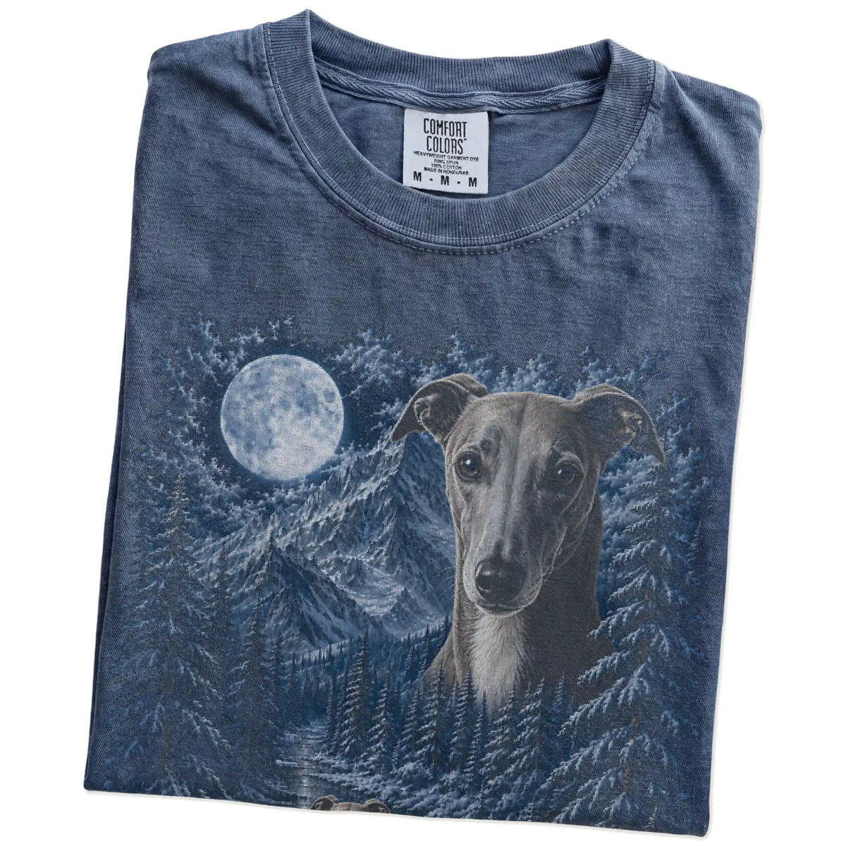 Folded denim T-shirt with Whippet Winter Moon artwork.