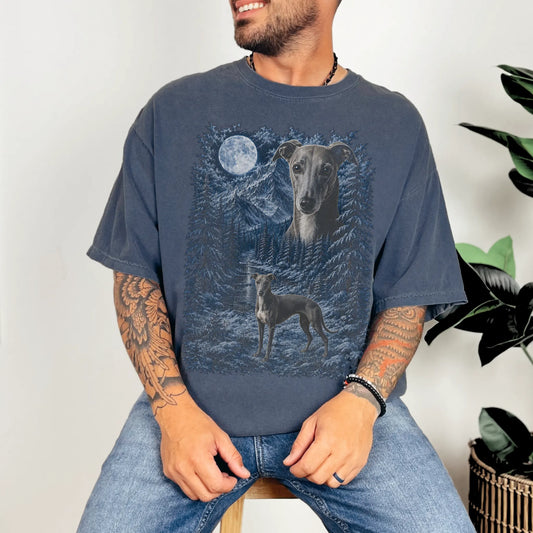 Model wearing a denim T-shirt with Whippet Winter Moon artwork.
