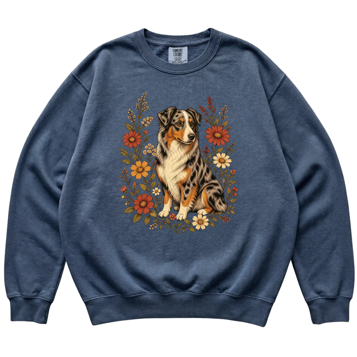 Denim Comfort Colors® sweatshirt with Australian Shepherd portrait and wildflowers, flat lay