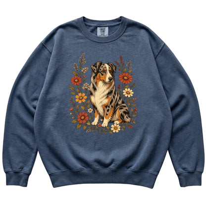 Denim Comfort Colors® sweatshirt with Australian Shepherd portrait and wildflowers, flat lay