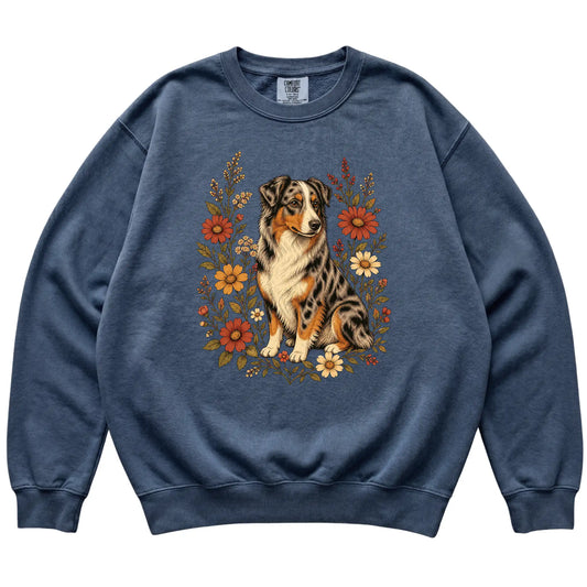 Denim Comfort Colors® sweatshirt with Australian Shepherd portrait and wildflowers, flat lay